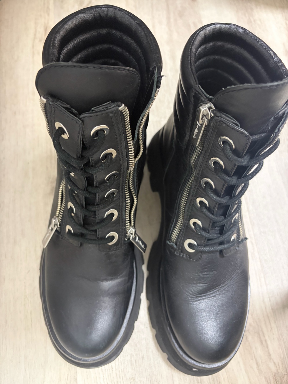 3.1 Phillips lam in Black Leather Lace-Up Combat Boots with Side Zippers